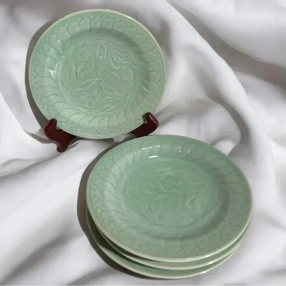 Vintage Celadon Seafoam Ceramic Koi Salad Plates - Picture 1 of 5